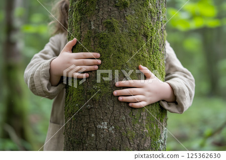 Young girl is hugging a tree 125362630