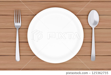 3D illustration_plates and cutlery_wooden table 3D illustration_plates and cutlery_wooden table 125362735