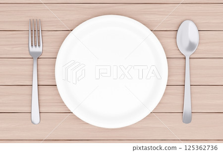 3D illustration_plates and cutlery_wooden table 3D illustration_plates and cutlery_wooden table 125362736