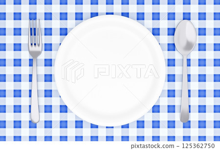 3D illustration_plate and cutlery_placemat_blue 3D illustration_plate and cutlery_placemat_blue 125362750
