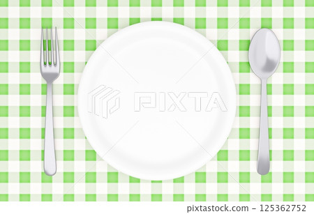 3D illustration_plate and cutlery_placemat_green 3D illustration_plate and cutlery_placemat_green 125362752