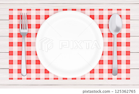 3D illustration_plate and cutlery_placemat_red 125362765