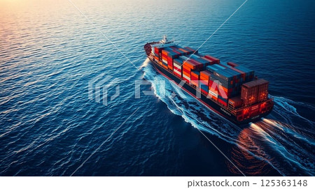 Aerial View of Large Container Cargo Ship Sailing in the Ocean Aerial View of Large Container Cargo Ship Sailing in the Ocean 125363148