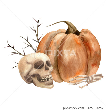 Halloween scary composition with orang pumpkin, skull and dead hand with floral watercolor illustration. Hand drawn spooky clipart, gothic and esoteric theme painting for poster, card,label, design 125363257