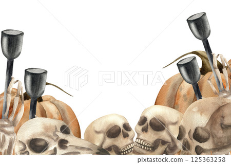 Halloween template with skulls,dead hand,candlestick and orange pumpkins watercolor illustration. Hand drawn frame with gothic clipart, scary esoteric theme for poster,festive card,invitation design 125363258