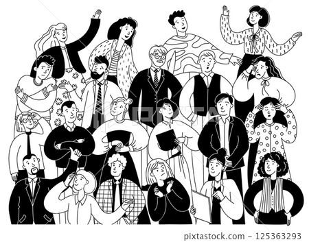 Doodle crowd. People group talking and discussing, sketch diverse social groups background, business people community and society concept. Vector hand drawn persons crowd 125363293
