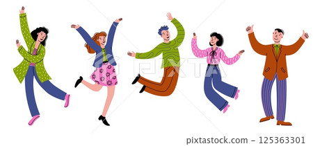 Happy people jumping. Doodle business office workers jumping, joy and successful person, happy professional corporate employees. Vector businessmen group jump 125363301