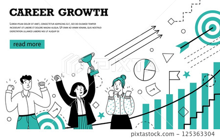 Doodle career background. Work growth opportunity and corporate business concept, HR recruitment job background. Vector growing career banner 125363304