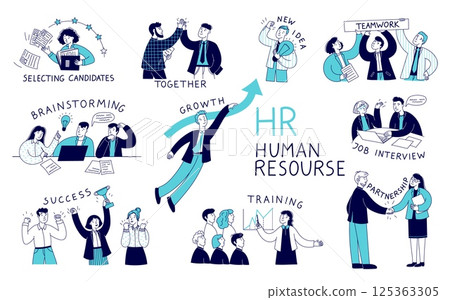 Doodle human resources. Business people team and employee HR recruitment, businessman work career growth and persons skills development concept. Vector human line set Doodle human resources. Business people team and employee HR recruitment, businessman work career growth and persons skills development concept. Vector human line set 125363305