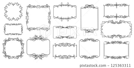 Ornamental calligraphic frames. Ornate decorative border, luxury royal framing with decorative ornament, swirls and filigree frame elements for wedding invitation card. Vector set 125363311