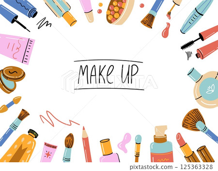 Makeup hand drawn icons. Doodle cosmetic products frame, sketch lipstick makeup brush nail polish face cream, fashion woman cosmetics accessories. Vector border 125363328
