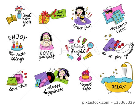 Self care stickers. Self gratitude wellness love and mental health sticker set, doodle positive health care quotes and cute funny icons, relax activities for woman. Vector set 125363329