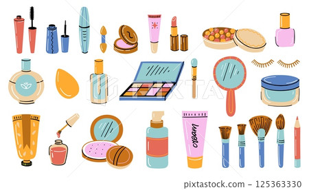 Cosmetics doodle icons. Makeup cosmetic and skin care elements, fashion beauty products lipstick nail polish mascara cream, cosmetology treatment cartoon icons. Vector isolated set 125363330
