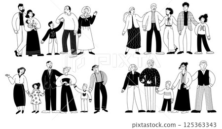 Doodle family people. Elderly persons with children, happy active family sketch, father mother son daughter grandfather grandmother characters. Vector isolated families set 125363343