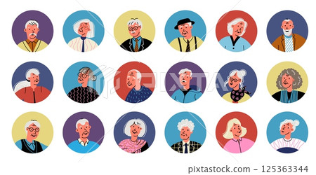 Elderly people avatar. Senior male female face avatars, old grandfather grandmother character portraits, group of different older people, elder age persons. Vector collection 125363344