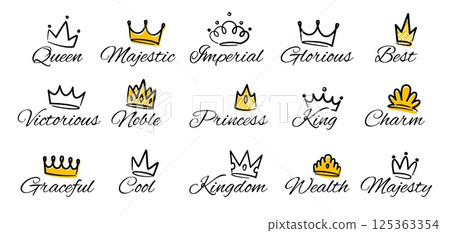 Queen crown sketch. King logo doodle crown design, queen prince princess hand drawn luxury royal crowns icons with calligraphic lettering. Vector tiara isolated set Queen crown sketch. King logo doodle crown design, queen prince princess hand drawn luxury royal crowns icons with calligraphic lettering. Vector tiara isolated set 125363354