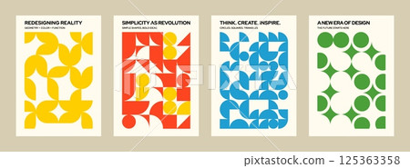 Abstract bauhaus shapes posters. Geometric minimalistic pattern banners with simple geometry shapes and forms, modern Swiss style covers design. Vector abstraction banner set Abstract bauhaus shapes posters. Geometric minimalistic pattern banners with simple geometry shapes and forms, modern Swiss style covers design. Vector abstraction banner set 125363358