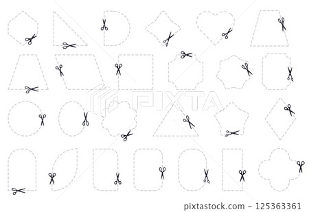 Dash line coupon. Scissors rectangle shape cut, dotted geometric banner, paper discount stickers with outline square circle dashed frames and scissor icons. Vector isolated set Dash line coupon. Scissors rectangle shape cut, dotted geometric banner, paper discount stickers with outline square circle dashed frames and scissor icons. Vector isolated set 125363361