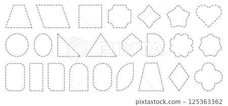 Dashed line frames. Dash dotted square circle linear borders, simple rectangle oval hexagon triangle heart star outline dashed shapes for geometric coupon frame. Vector border set Dashed line frames. Dash dotted square circle linear borders, simple rectangle oval hexagon triangle heart star outline dashed shapes for geometric coupon frame. Vector border set 125363362