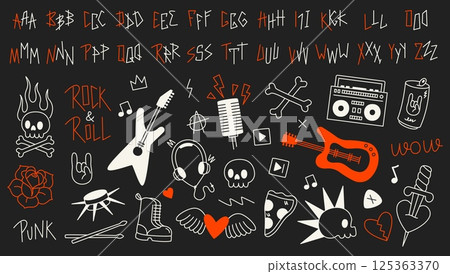 Rock font. Line punk typography with uppercase letters, street art graffiti typeface gothic rock music band text elements for tattoo logo poster cover design. Vector alphabet set 125363370
