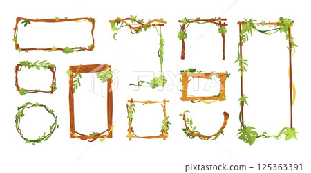 Cartoon liana frame. Vine branch game border with jungle lianas trees ivy leaves, round vines wreath green hanging plants games asset design, gaming UI frames. Vector lianas set 125363391