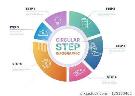 Pie chart infographic. Circle step diagram, modern round diagrams with 5 steps, abstract circle graph elements for business presentation. Vector pie info concept 125363403