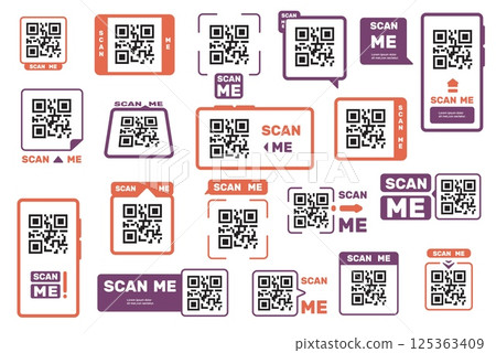 QR code sticker. Barcode scan stickers for product packaging, mobile app QR codes identification borders, retail shop scanner app price tag. Vector isolated set 125363409