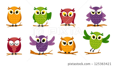 Cute owl on branch. Cartoon owl bird character, colorful zoo wildlife nocturnal predator birds with big eyes, owls flat collection. Vector bird isolated set Cute owl on branch. Cartoon owl bird character, colorful zoo wildlife nocturnal predator birds with big eyes, owls flat collection. Vector bird isolated set 125363421
