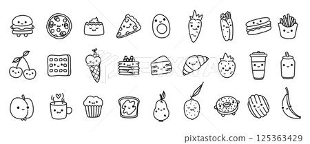 Cute food character icons. Cartoon snack and fast food doodle menu stickers with funny faces, happy mascots of vegetables and desserts, funny snack and drink. Vector isolated set 125363429