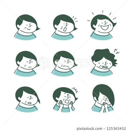 Middle-aged woman with various expressions, facing right, from neck up Middle-aged woman with various expressions, facing right, from neck up 125363432