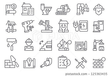 Renovation line icons. Safety work, real estate, contractor building repair concepts, house renovating tools, construction maintenance service, worker labor insurance. Vector set Renovation line icons. Safety work, real estate, contractor building repair concepts, house renovating tools, construction maintenance service, worker labor insurance. Vector set 125363435