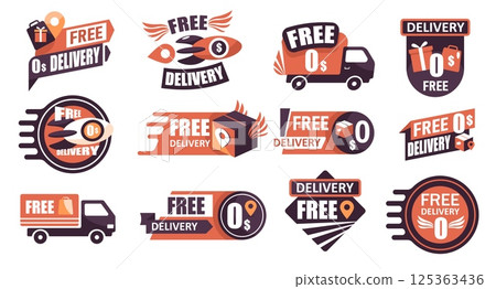 Fast delivery label. Quick delivery badge with truck, rocket, box and clock icons, fast delivery service labels. Vector express shipping banners set 125363436