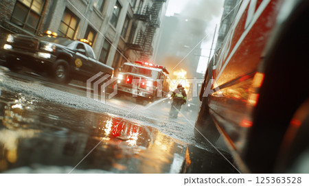 Firefighter battling flames on wet urban street with water spray and fire trucks 125363528