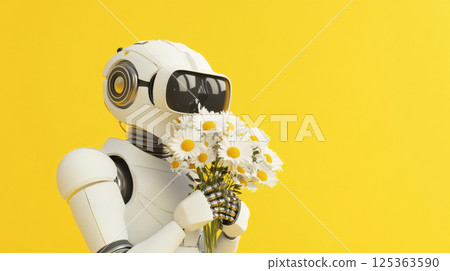 Robot holding flowers, concept of technology and nature harmony 125363590