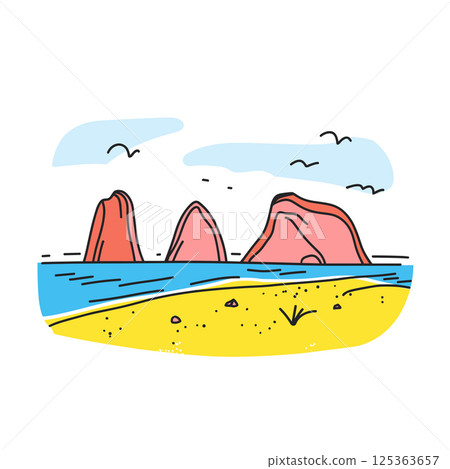 Cannon Beach illustration in an doodle inca cartoon style. Simple minimalist drawing of Cannon Beach Cannon Beach illustration in an doodle inca cartoon style. Simple minimalist drawing of Cannon Beach 125363657
