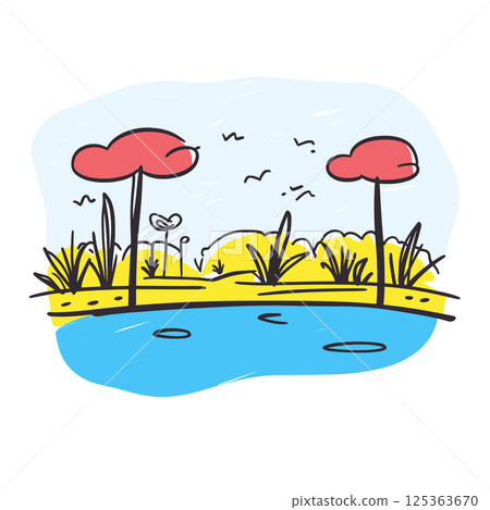 Everglades National Park illustration in an doodle inca cartoon style. Simple minimalist drawing of Everglades National Park Everglades National Park illustration in an doodle inca cartoon style. Simple minimalist drawing of Everglades National Park 125363670