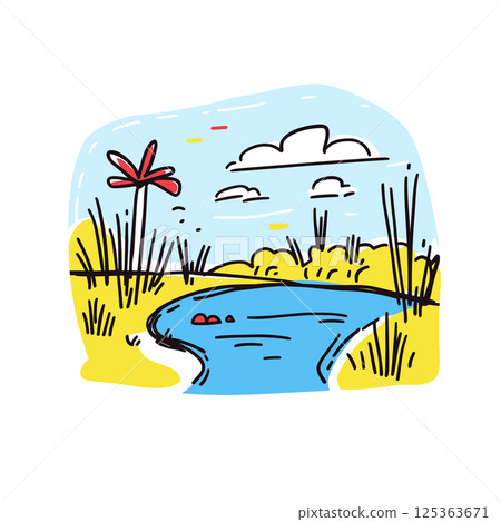 Everglades National Park illustration in an doodle inca cartoon style. Simple minimalist drawing of Everglades National Park Everglades National Park illustration in an doodle inca cartoon style. Simple minimalist drawing of Everglades National Park 125363671
