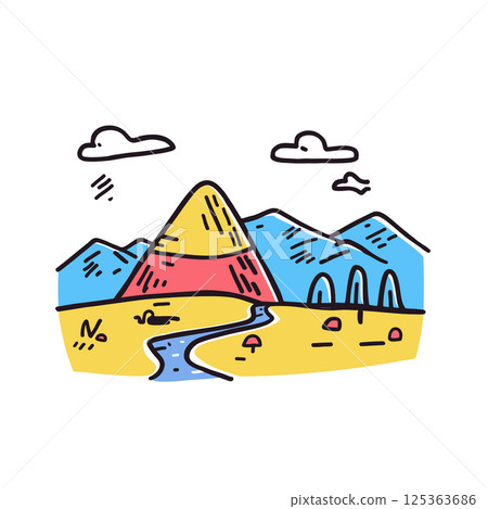 Glacier National Park illustration in an doodle inca cartoon style. Simple minimalist drawing of Glacier National Park Glacier National Park illustration in an doodle inca cartoon style. Simple minimalist drawing of Glacier National Park 125363686