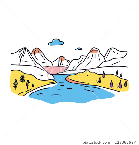 Glacier National Park illustration in an doodle inca cartoon style. Simple minimalist drawing of Glacier National Park 125363687
