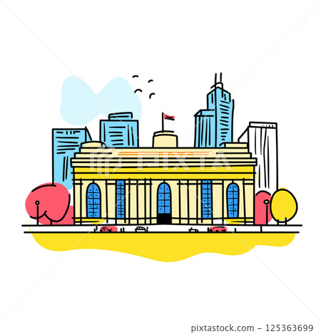 Grand Central Terminal illustration in an doodle inca cartoon style. Simple minimalist drawing of Grand Central Terminal Grand Central Terminal illustration in an doodle inca cartoon style. Simple minimalist drawing of Grand Central Terminal 125363699