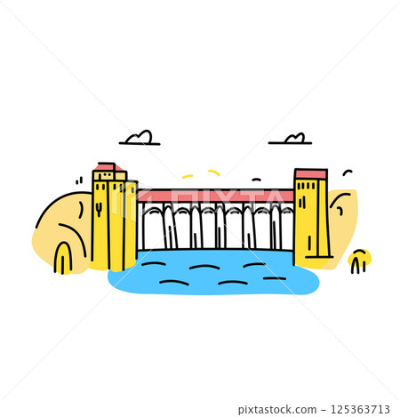 Hoover Dam illustration in an doodle inca cartoon style. Simple minimalist drawing of Hoover Dam 125363713
