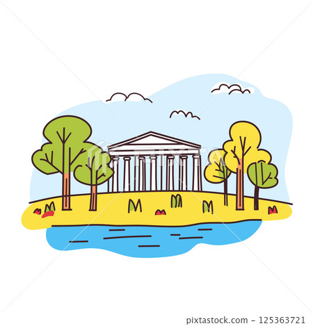 Jefferson Memorial illustration in an doodle inca cartoon style. Simple minimalist drawing of Jefferson Memorial 125363721