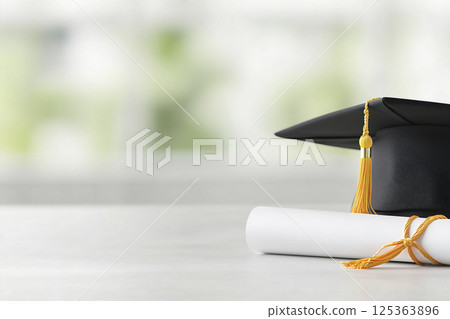 Black cap with a yellow tassel sits on top of a white piece of paper 125363896