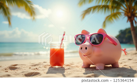 Piggybank on vacation, saving money Piggybank on vacation, saving money 125364154