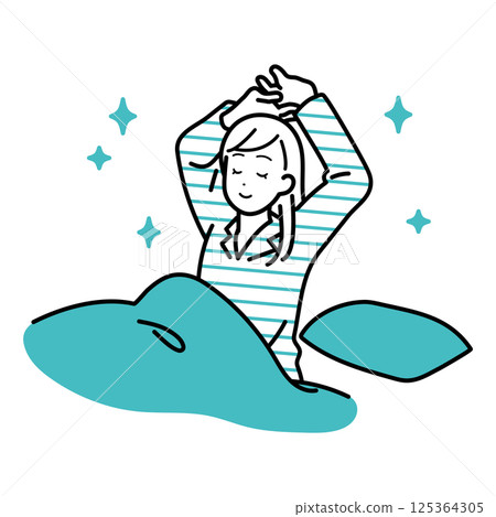 醒來:一位女士舒適地醒來的插圖 醒來:一位女士舒適地醒來的插圖 125364305