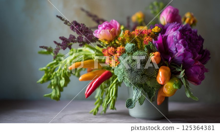 Seasonal flowers and fresh vegetables create a vibrant centerpiece in a modern kitchen 125364381