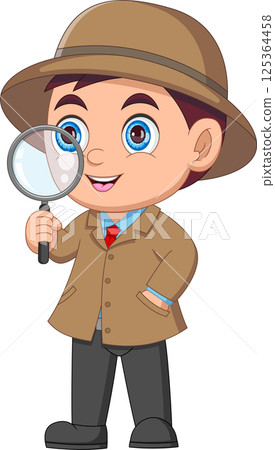 Little boy in detective costume and holding magnifying glass cartoon 125364458