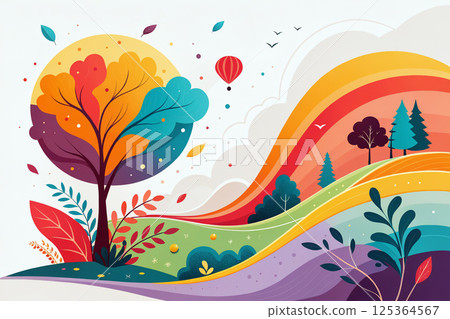 Vibrant spring Landscape Featuring Colorful Trees, Rolling Hills, and a Hot Air Balloon in the Sky Vibrant spring Landscape Featuring Colorful Trees, Rolling Hills, and a Hot Air Balloon in the Sky 125364567