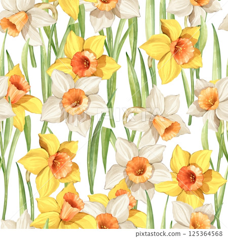 Seamless pattern of yellow and white daffodils with green leaves. 125364568