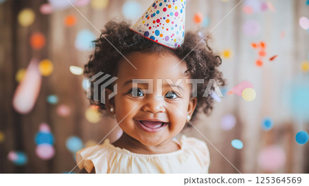 Delighted African-American baby girl wearing colorful party hat laughs joyfully as confetti floats around her. Concept: first birthday, childhood fun 125364569